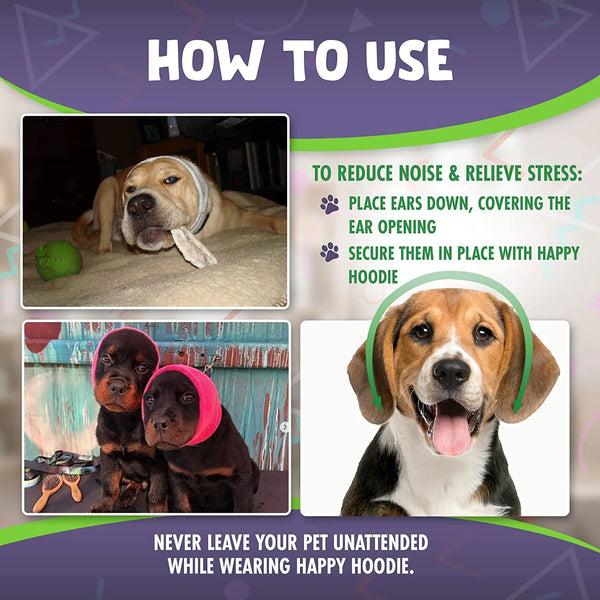 Collage showing how to use the Happy Hoodie on different dogs to reduce noise and stress
