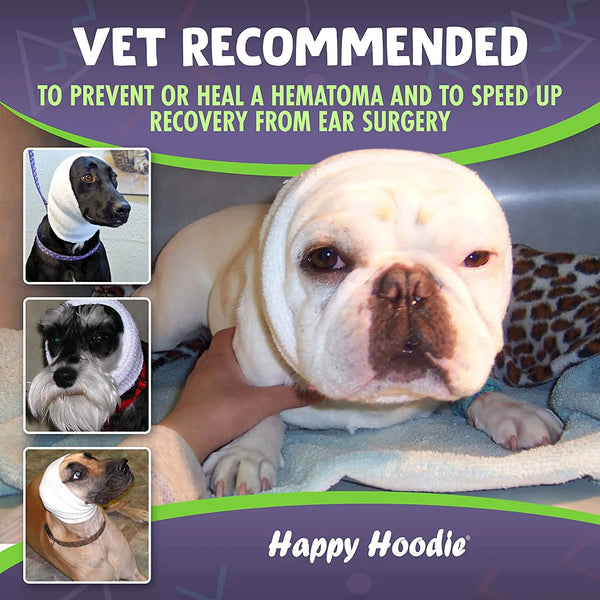 Happy Hoodie vet-recommended ear covers shown on three different dogs, promoting hematoma prevention