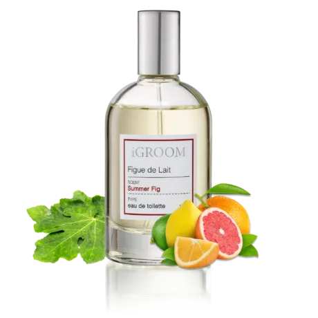 iGroom Figue de Lait Summer Fig perfume bottle with a fig leaf, lemon and grapefruit