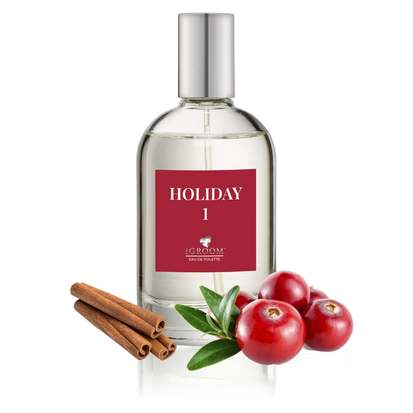 iGroom Holiday 1 perfume bottle with cinnamon sticks and cranberries