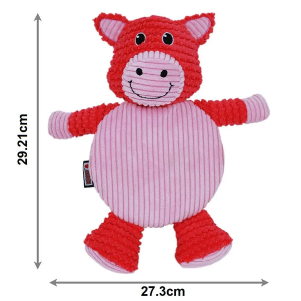 KONG Low Stuff Crackle Tummiez pink pig plush dog toy with dimensions: 29.21cm tall, 27.3cm wide
