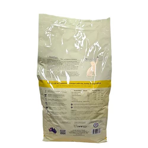 Back of LifeWise Chicken with Rice, Barley & Vegetables adult cat food bag showing ingredient analysis and feeding guide