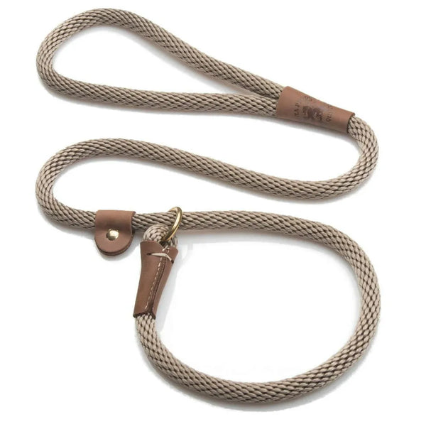 Tan braided rope Mendota slip lead with brown leather trim and a loop handle