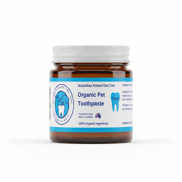 Australian Animal Oral Care Organic Pet Toothpaste jar, 55g, amber glass with white lid