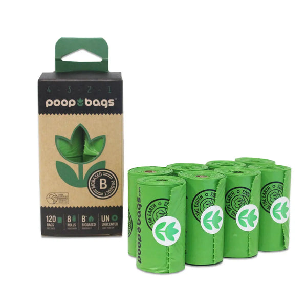 Countdown biodegradable poo bags box beside eight green rolls of bags