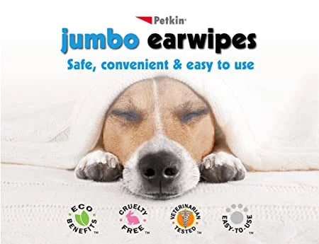 Petkin Jumbo Earwipes packaging graphic showing a sleeping dog under a towel