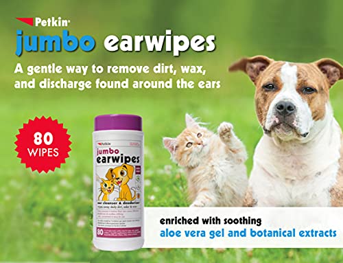 Petkin Jumbo Earwipes 80-count canister with a dog, cat and kitten outdoors