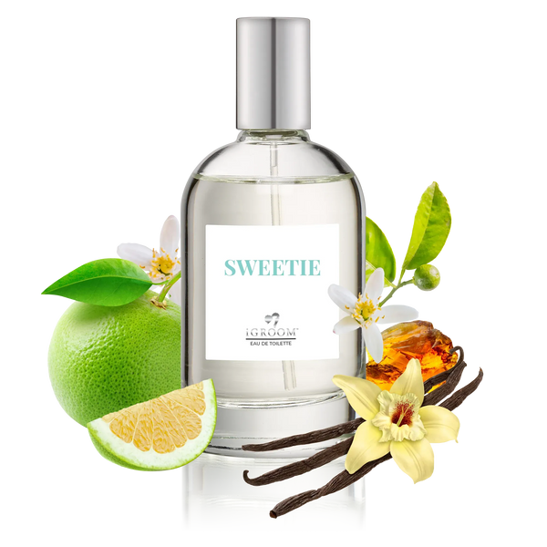 iGroom Sweetie perfume bottle with citrus fruit, white flowers and vanilla pods