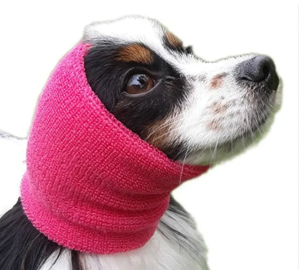 Spaniel wearing a pink Happy Hoodie ear cover, close-up side profile