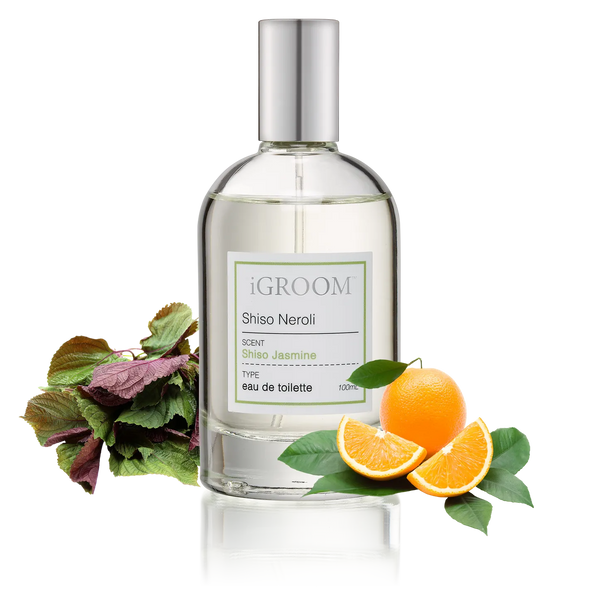 iGroom Shiso Neroli perfume bottle with shiso leaves and orange slices