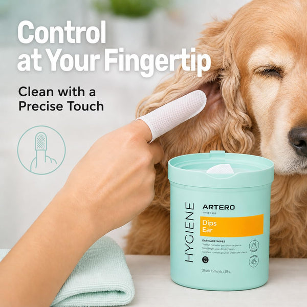 Finger ear wipe cleaning a golden retriever's ear beside a tub of Artero ear cleaning wipes