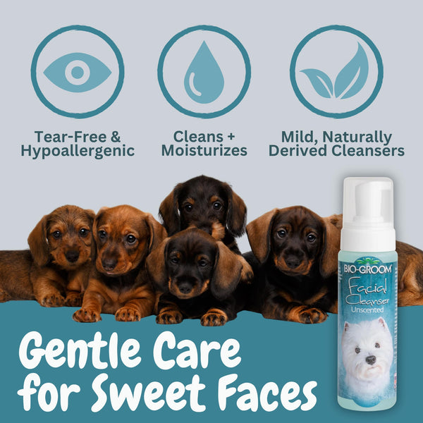 Bio-Groom Facial Cleanser bottle with dachshund puppies and icons for tear-free, moisturising, mild formula