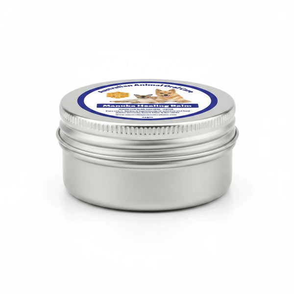 Closed tin of Australian Animal Oral Care Manuka Healing Balm on a white background
