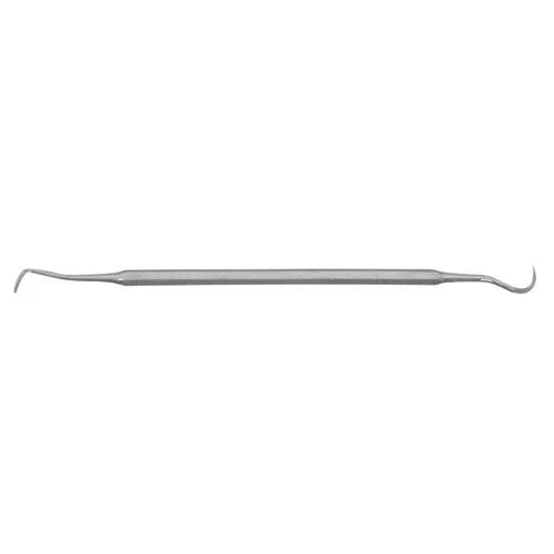 Double-ended stainless steel dental scaler with a curved hook and pointed tip