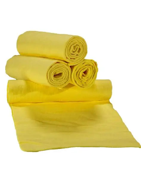 Four rolls of bright yellow fabric stacked on top of each other, with one roll laid open to show the sheer, lightweight material against a plain white background.