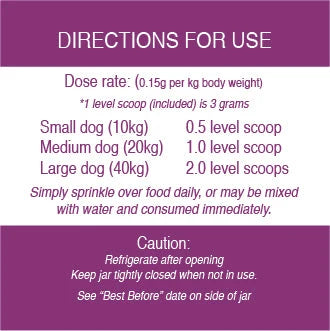 Directions for use label for LifeWise Purple Boost supplement showing dose rates by dog size