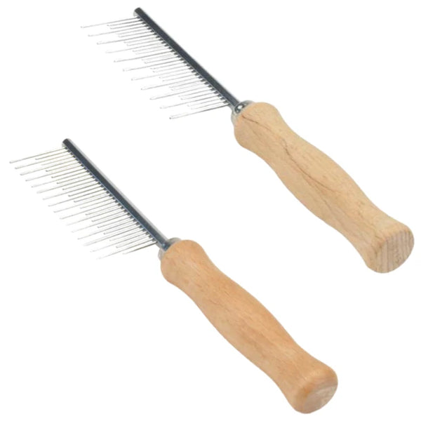 Two wooden-handled shedding combs with stainless steel pins laid side by side