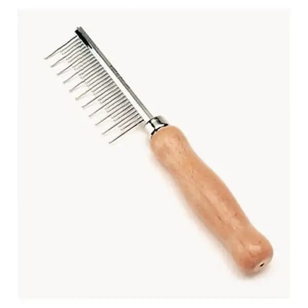 Wooden-handled shedding comb angled to show its row of fine metal teeth