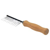 Wide-tooth shedding comb with stainless steel pins and a wooden handle