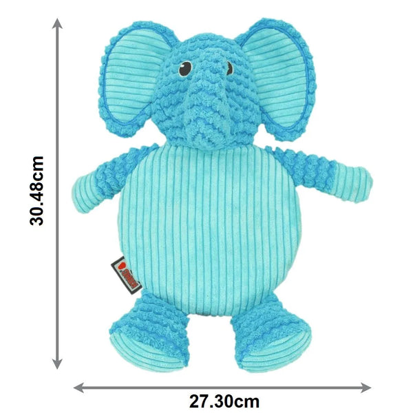 KONG Low Stuff Crackle Tummiez blue elephant plush dog toy with dimensions: 30.48cm tall, 27.30cm wide