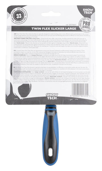 Back of the Show Tech Twin Flex Slicker Large packaging with usage instructions