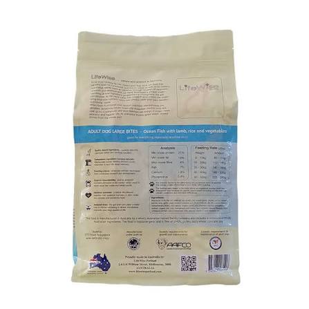 The back of a LifeWise Adult Dog Large Bites dog food bag, showing product details, nutritional information, and a barcode on a white background.
