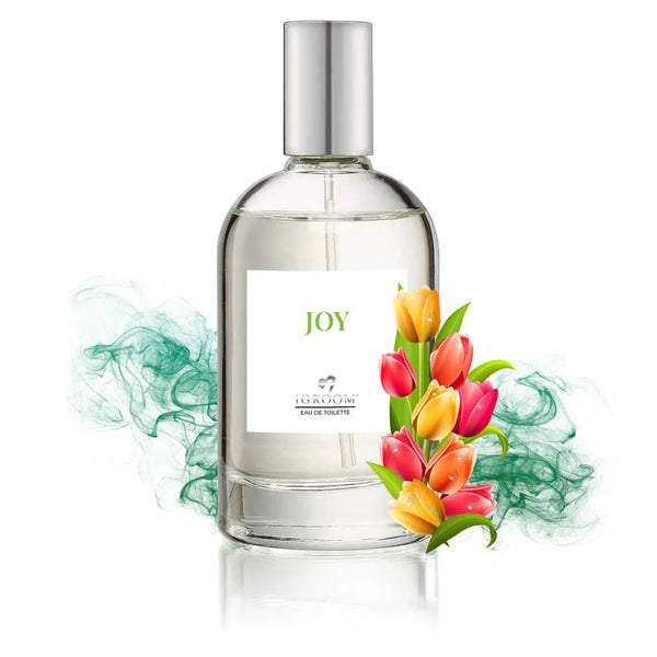 iGroom Joy perfume bottle with colourful tulips and green smoke effect