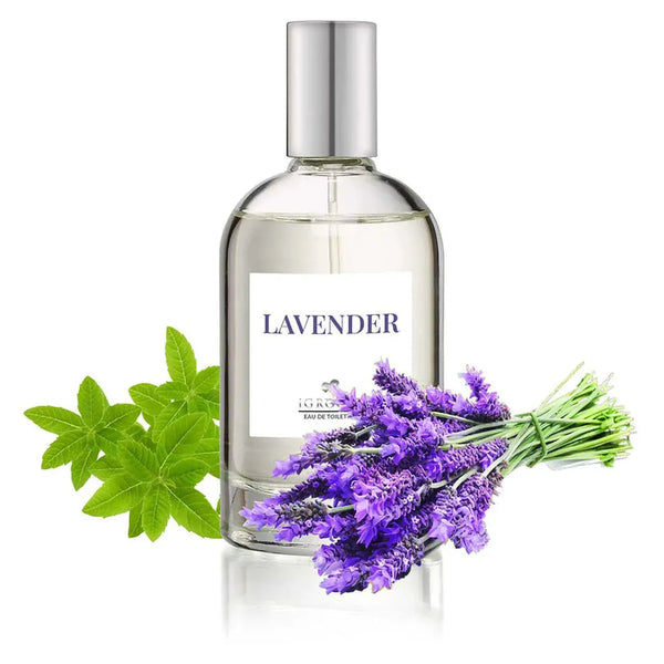 iGroom Lavender perfume bottle with lavender sprigs and green leaves