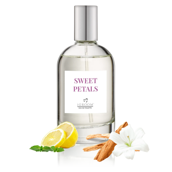 iGroom Sweet Petals perfume bottle with lemon, mint and a white lily