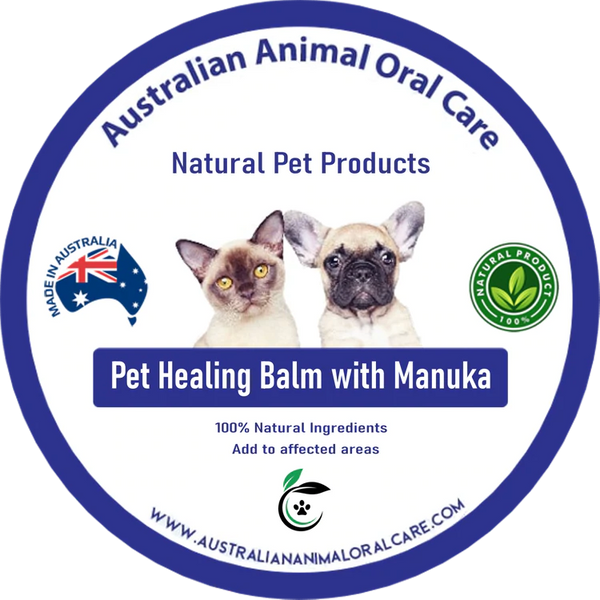 Round label design for Australian Animal Oral Care Pet Healing Balm with Manuka, featuring a cat and a puppy